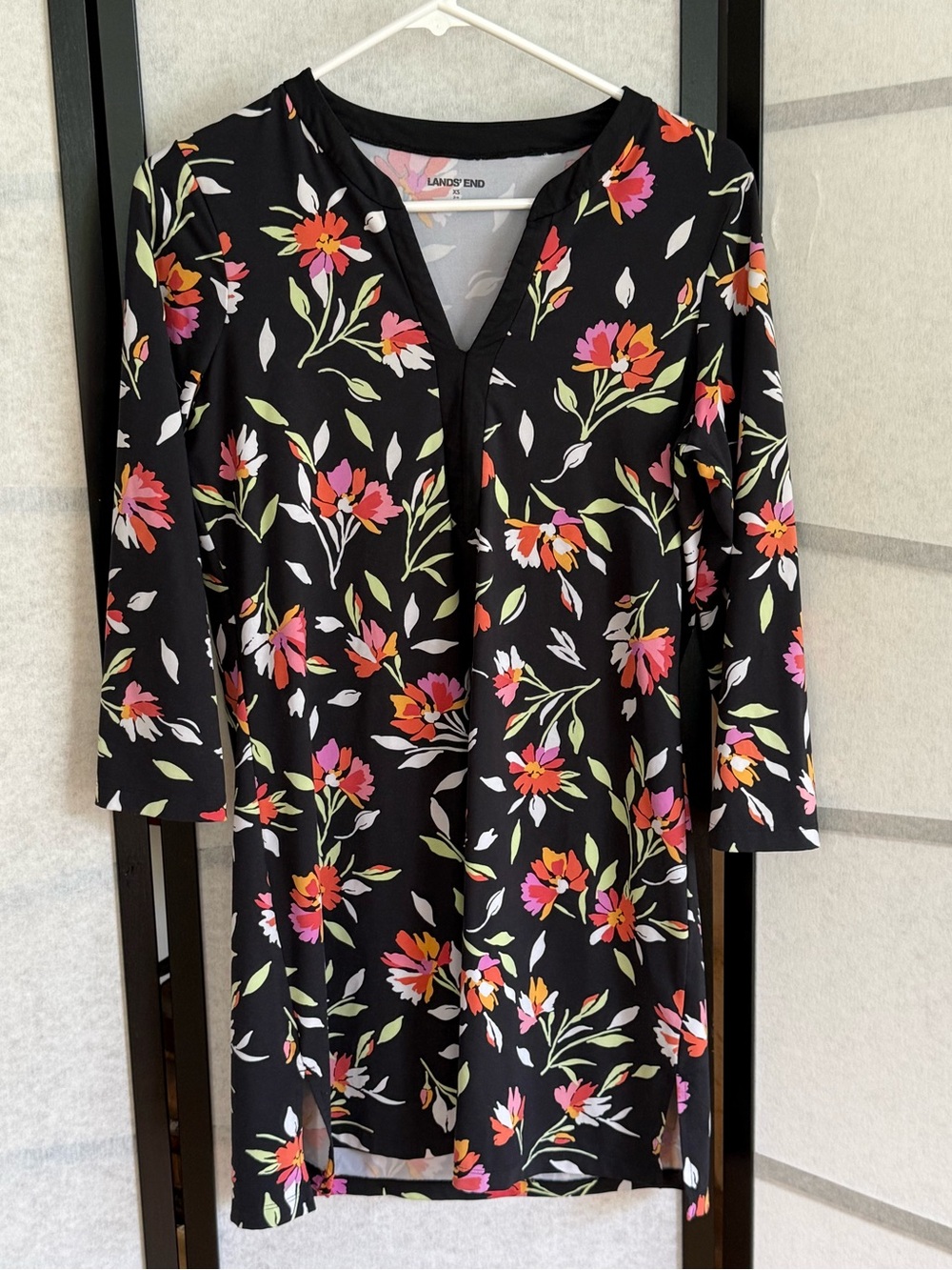 Lands' End Black Floral Swim Cover Up Dress XS Beach Tunic UPF